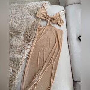 Elegant Tan Maxi Dress with Knot Detail